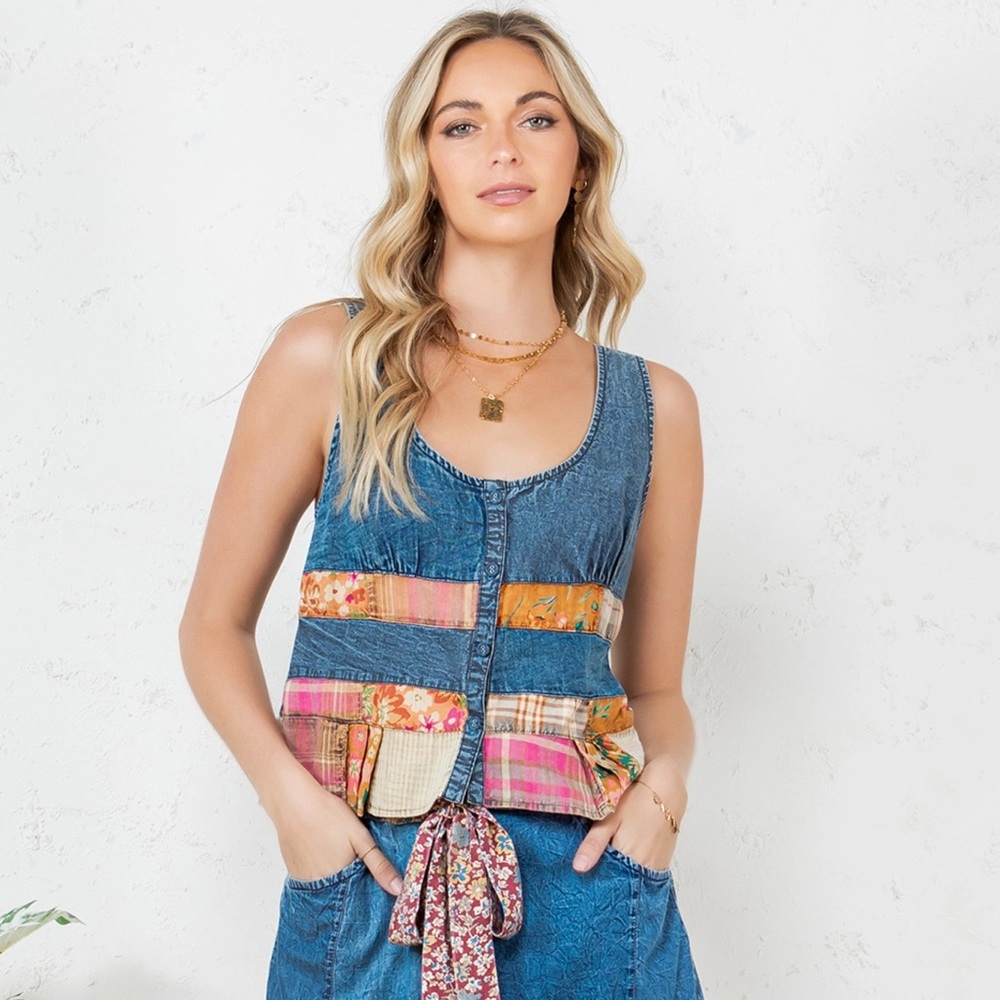 Young Threads Smocked Summer Tank with Denim Accents and Flair